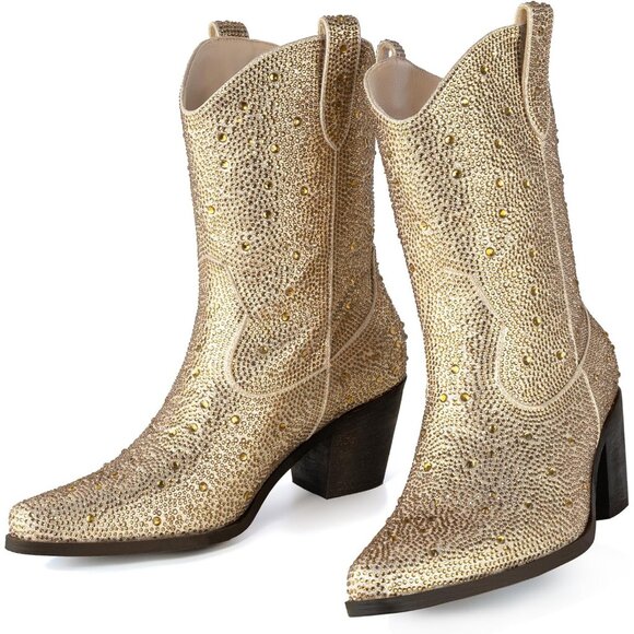 Gold Women Rhinestone Cowboy Boots Pointed Toe Mid Calf Sparkly Block Heel - Picture 4 of 4